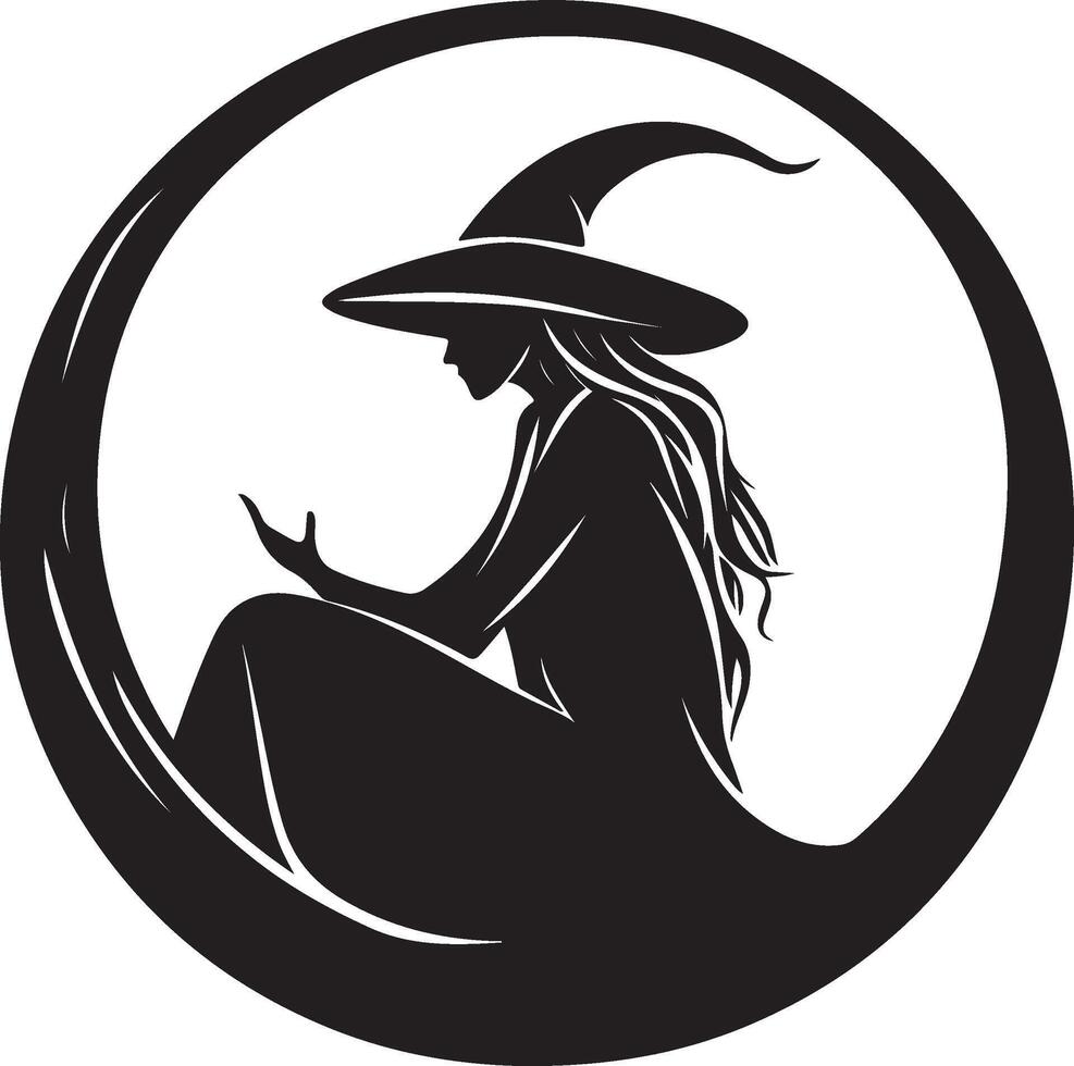 a black and white illustration of a witch sitting in a circle vector