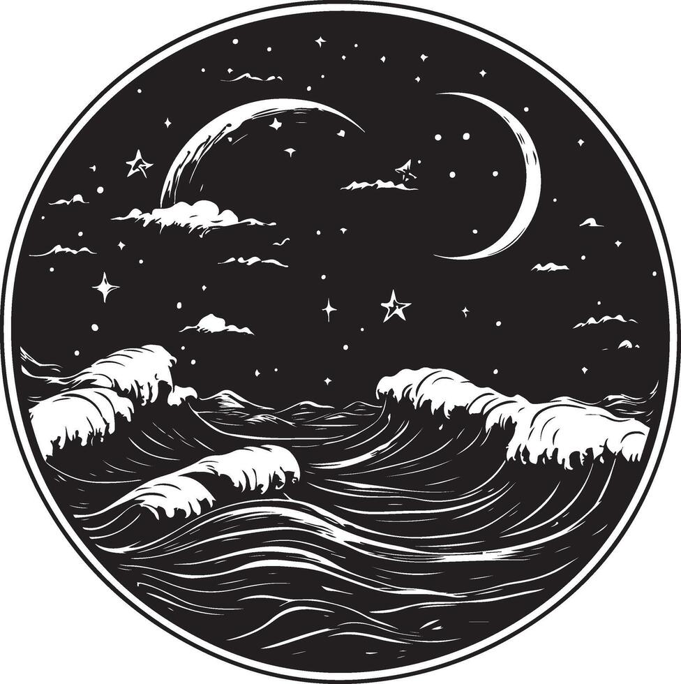 a black and white image of the ocean and stars vector