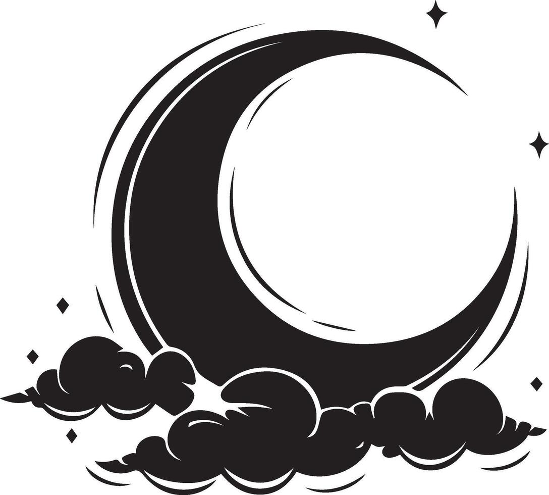 a black and white illustration of a crescent with clouds vector