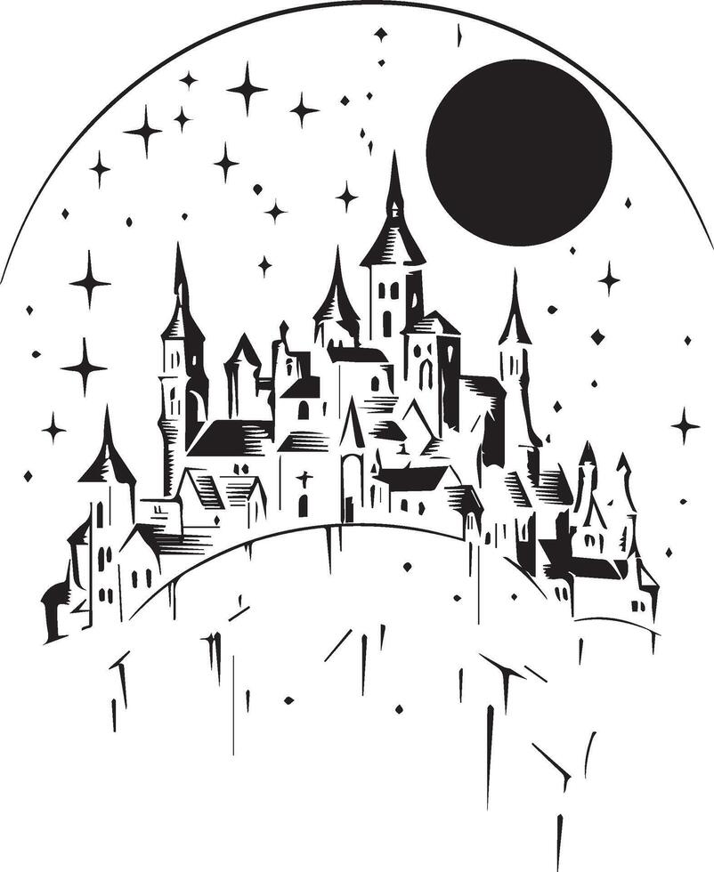 a black and white drawing of a castle with a moon in the background vector