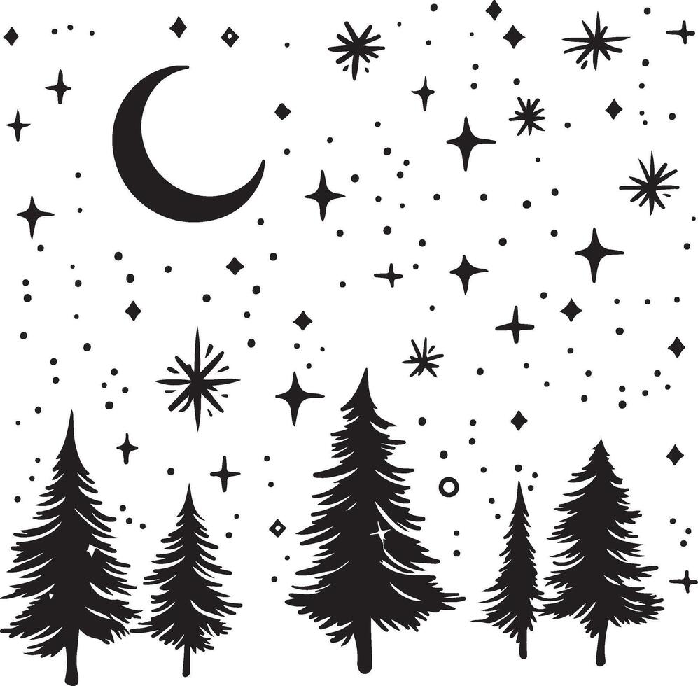 a black and white illustration of trees and stars vector
