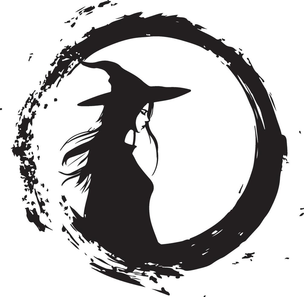 a black and white illustration of a witch in a circle vector
