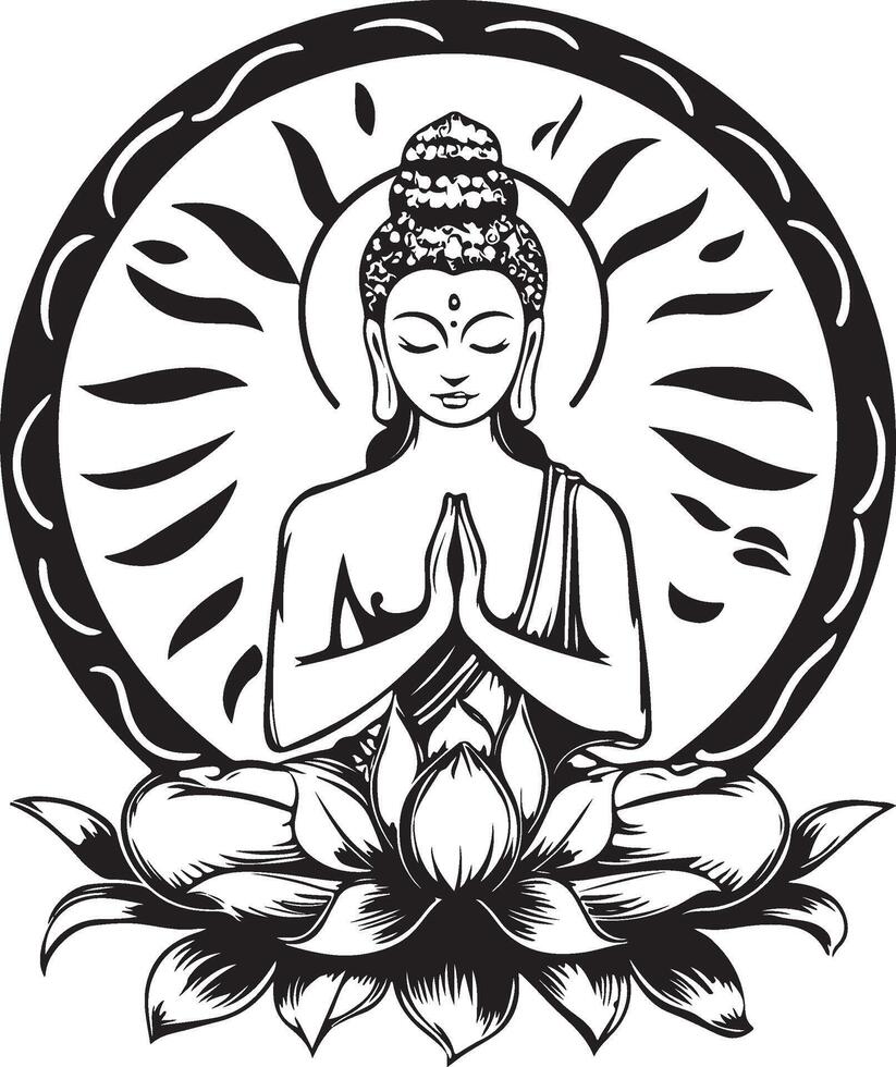 buddha in lotus position with sun and lotus flower vector