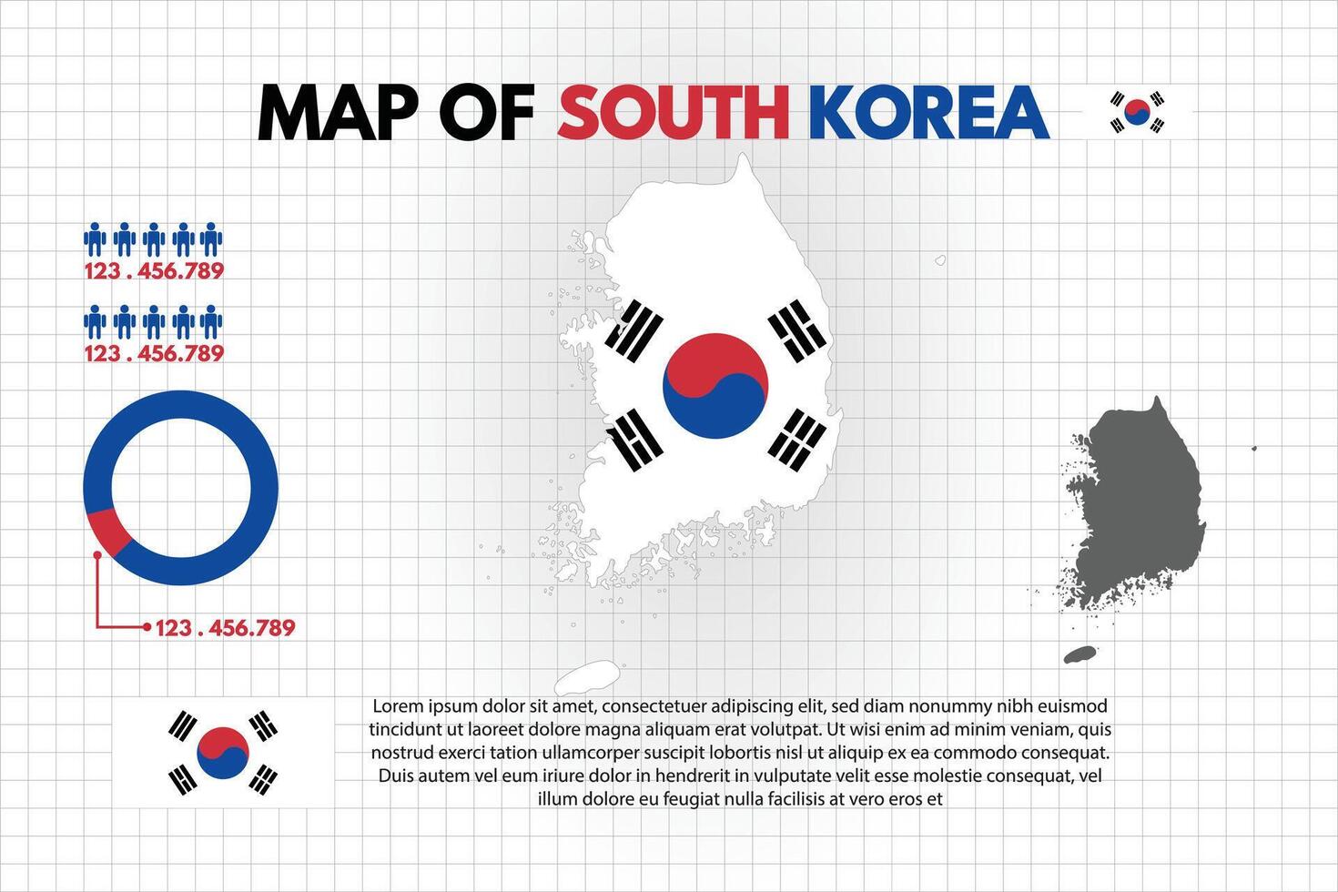 Infographic Map of South Korea Country include of flag people icon statistic and pie chart design flat style isolated ready to use free editable. vector