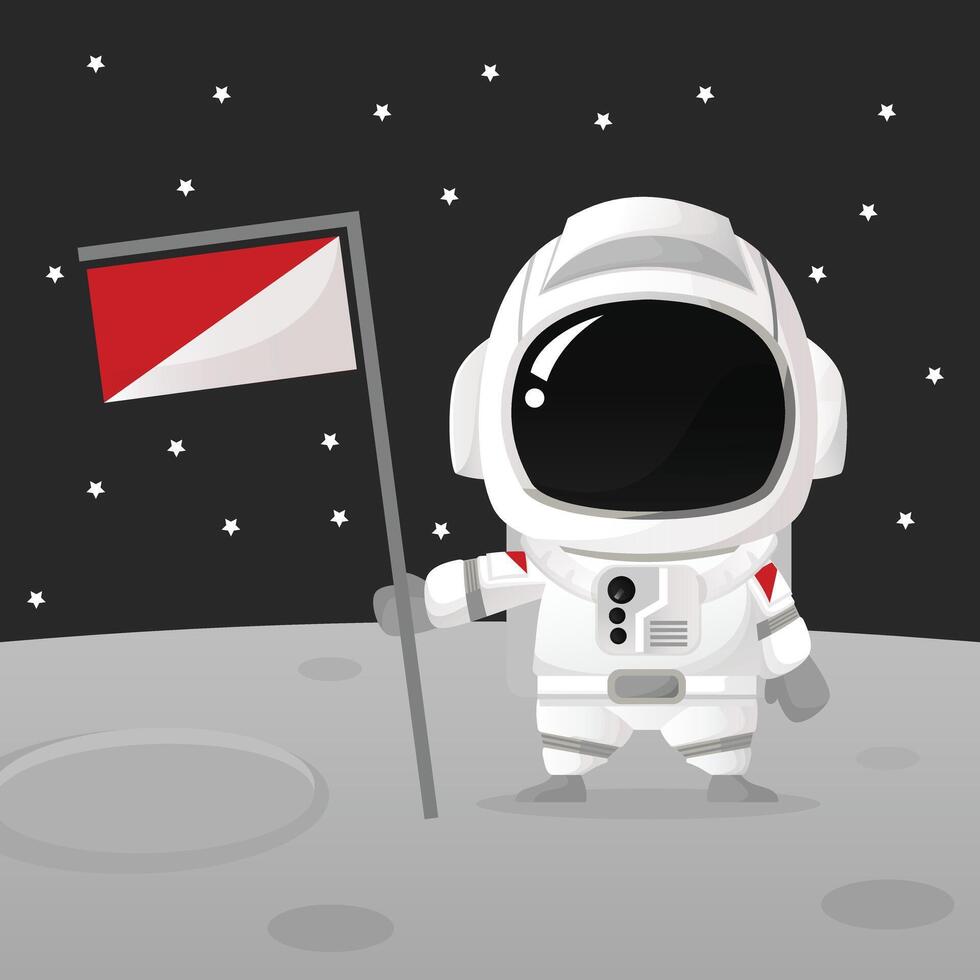 Astronaut landing in moon and holding flag in a pole chibi cute flat art simple illustration big head with detail and moveable part perfect for kids book cover or design asset vector