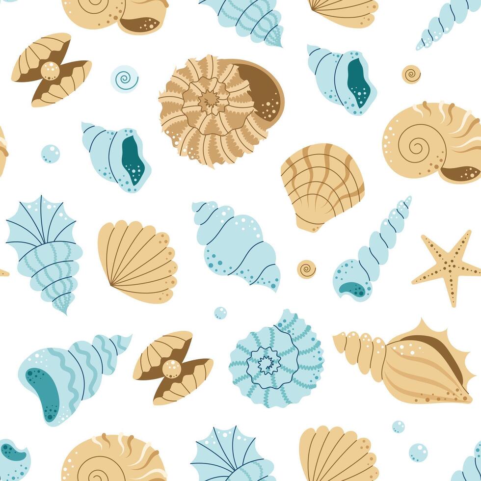 Seamless pattern with seashells, starfish, mollusks. Tropical underwater beach. Ocean exotic. Flat illustration vector