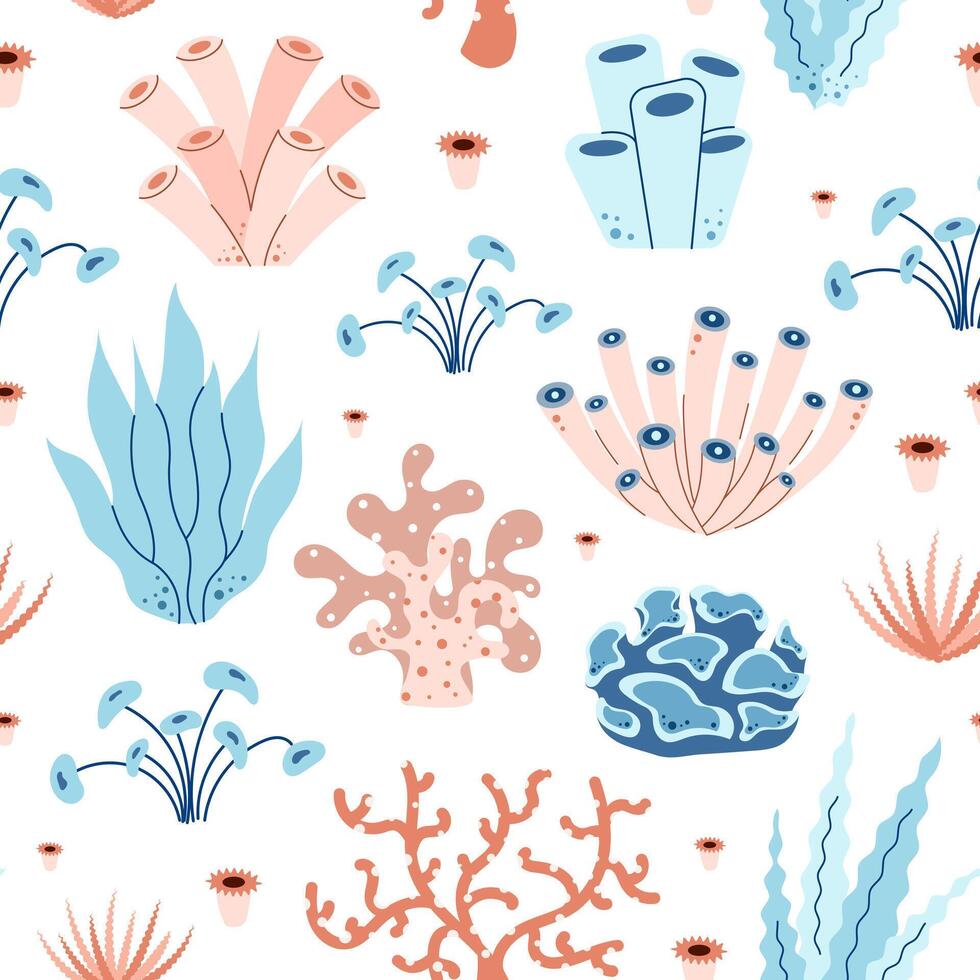 Seamless pattern with seaweed, coral, reef, algae. Ocean underwater theme. Flat illustration vector