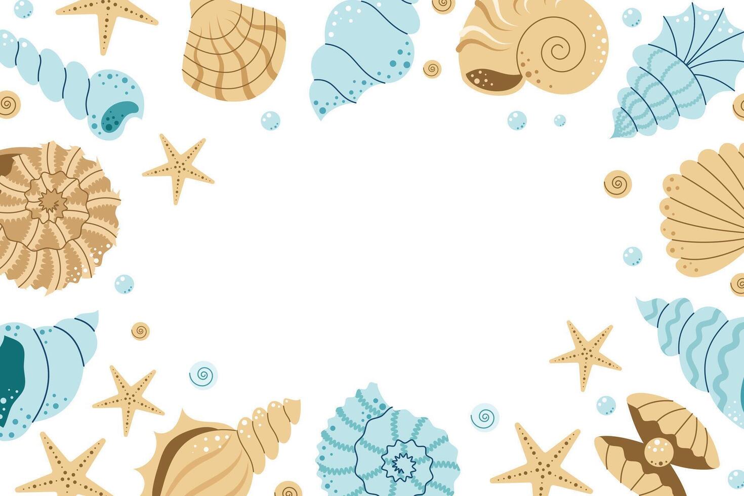 Summer background with seashells and starfish. Ocean and sea exotic. Place for text. illustration vector