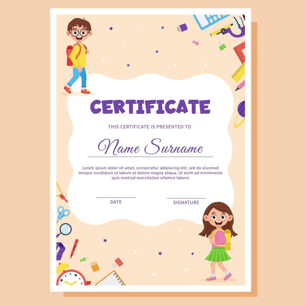 School diploma, certificate template with school supplies and schoolchildren. vector