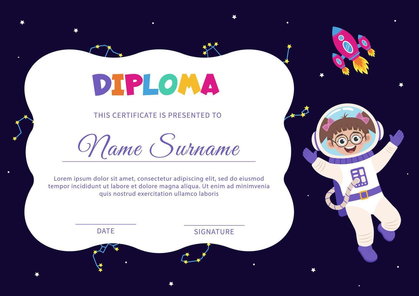 Diploma with space elements and girl astronaut. vector