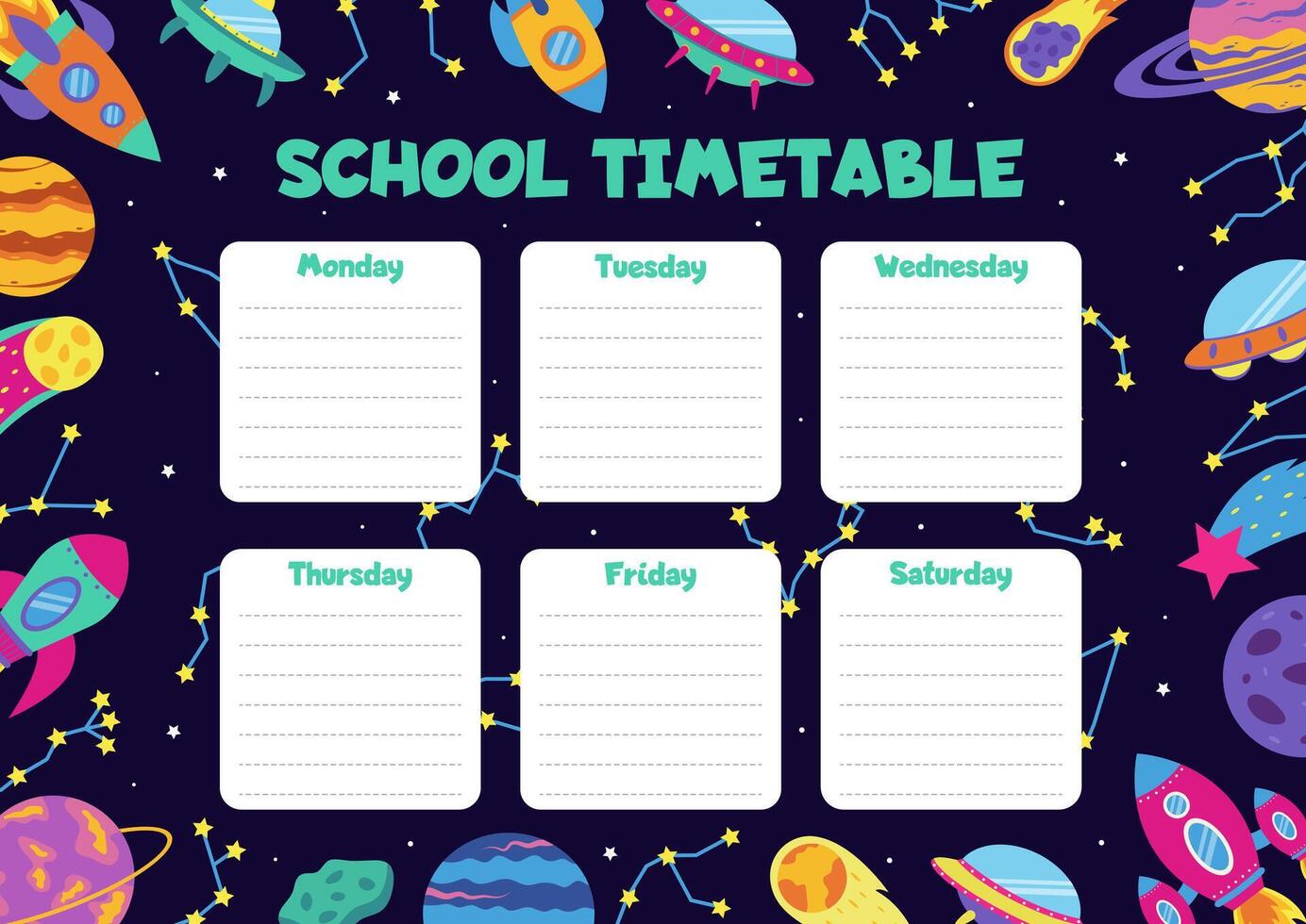 Space concep. School timetable with space elements. vector