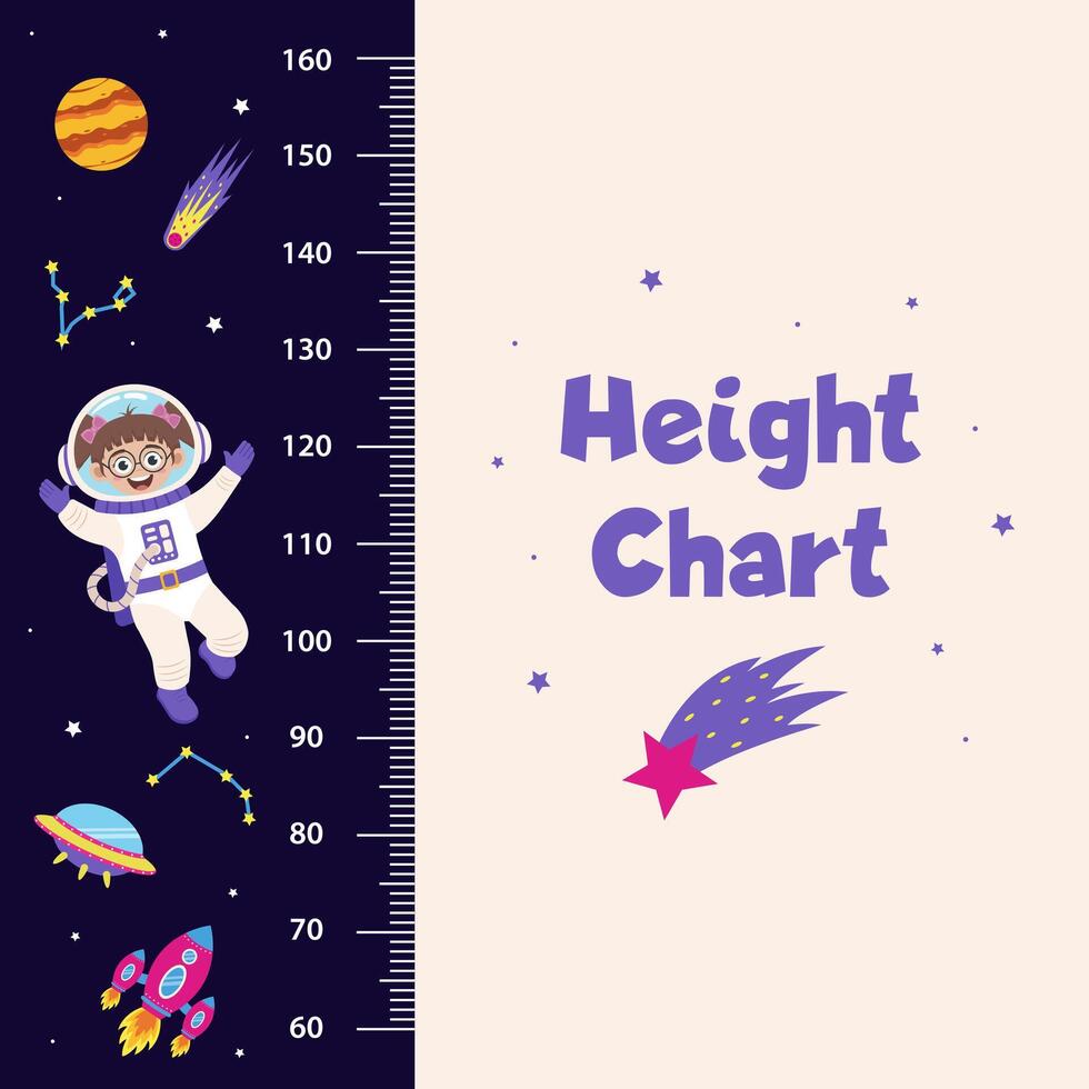 Height chart with space concept for children. Height chart with space elements and girl. vector