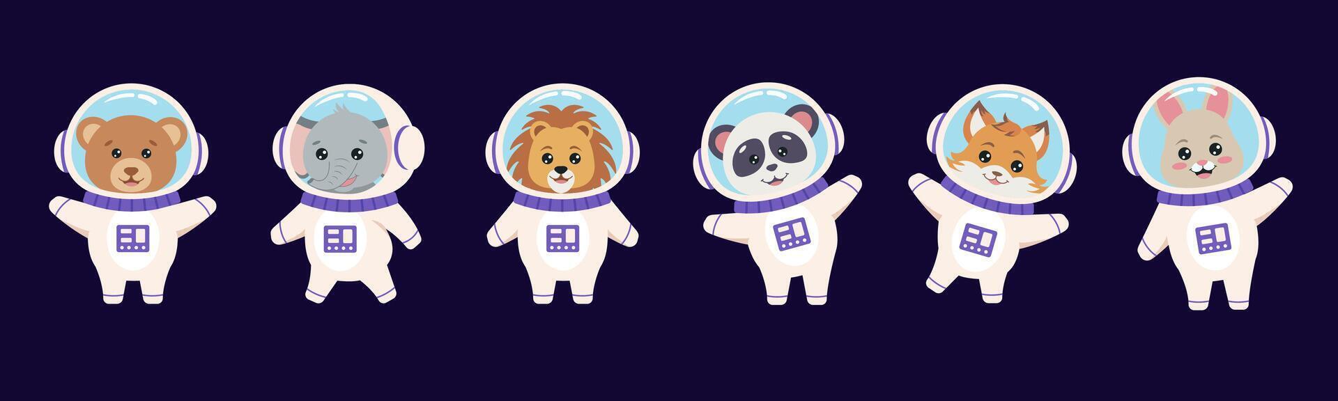 Animals astronauts bear, panda, lion, fox, rabbit, elephant. Space concept. vector