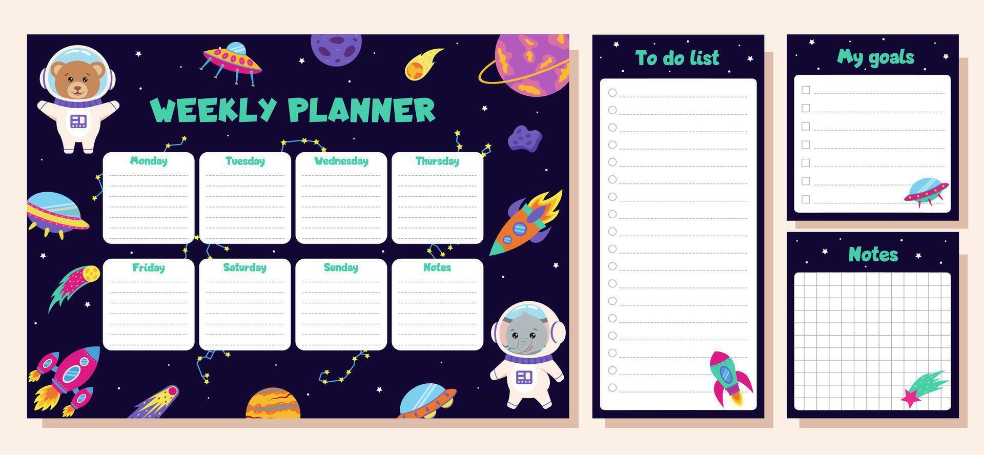 Space set of weekly planner, to do list, goals and notes. Set with space elements and animals astronauts. vector