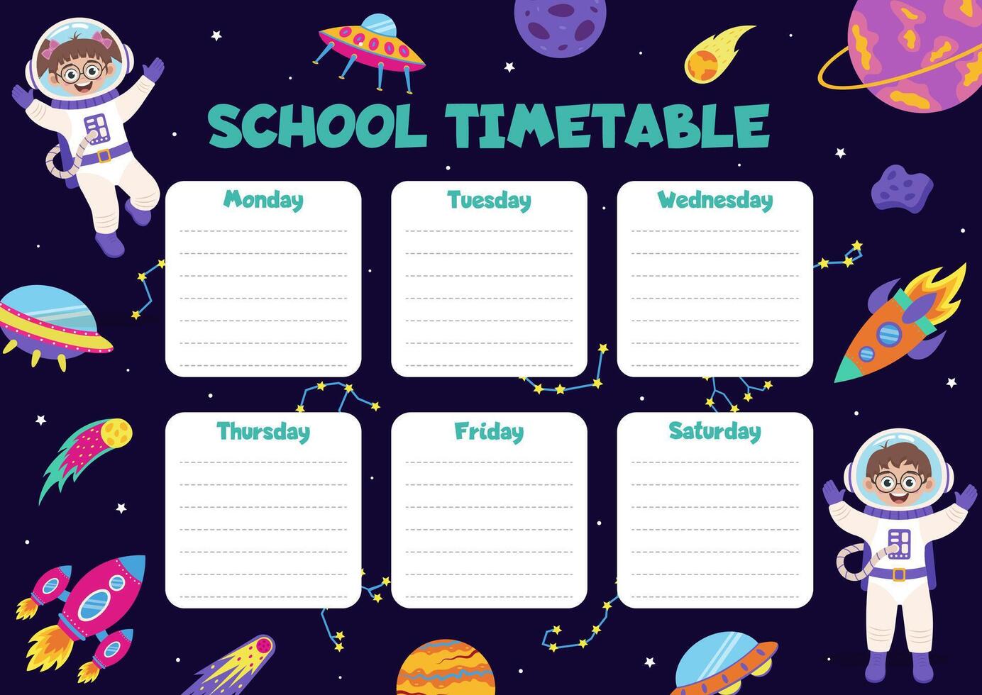 Space school timetable with space elements and children astronauts. vector