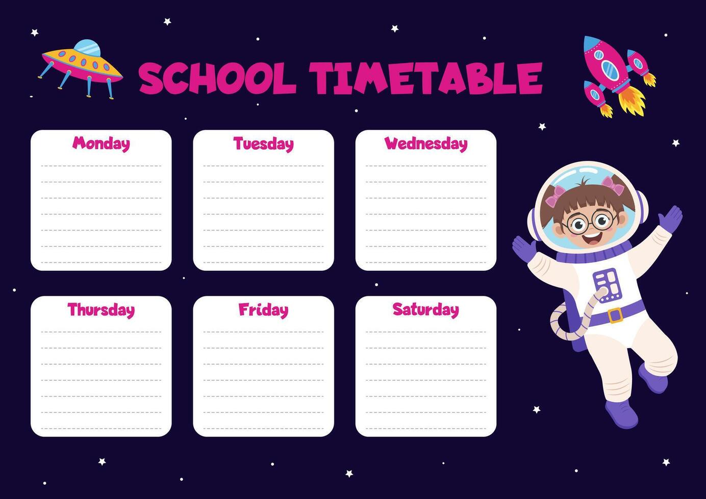 School timetable with girl astronaut. vector