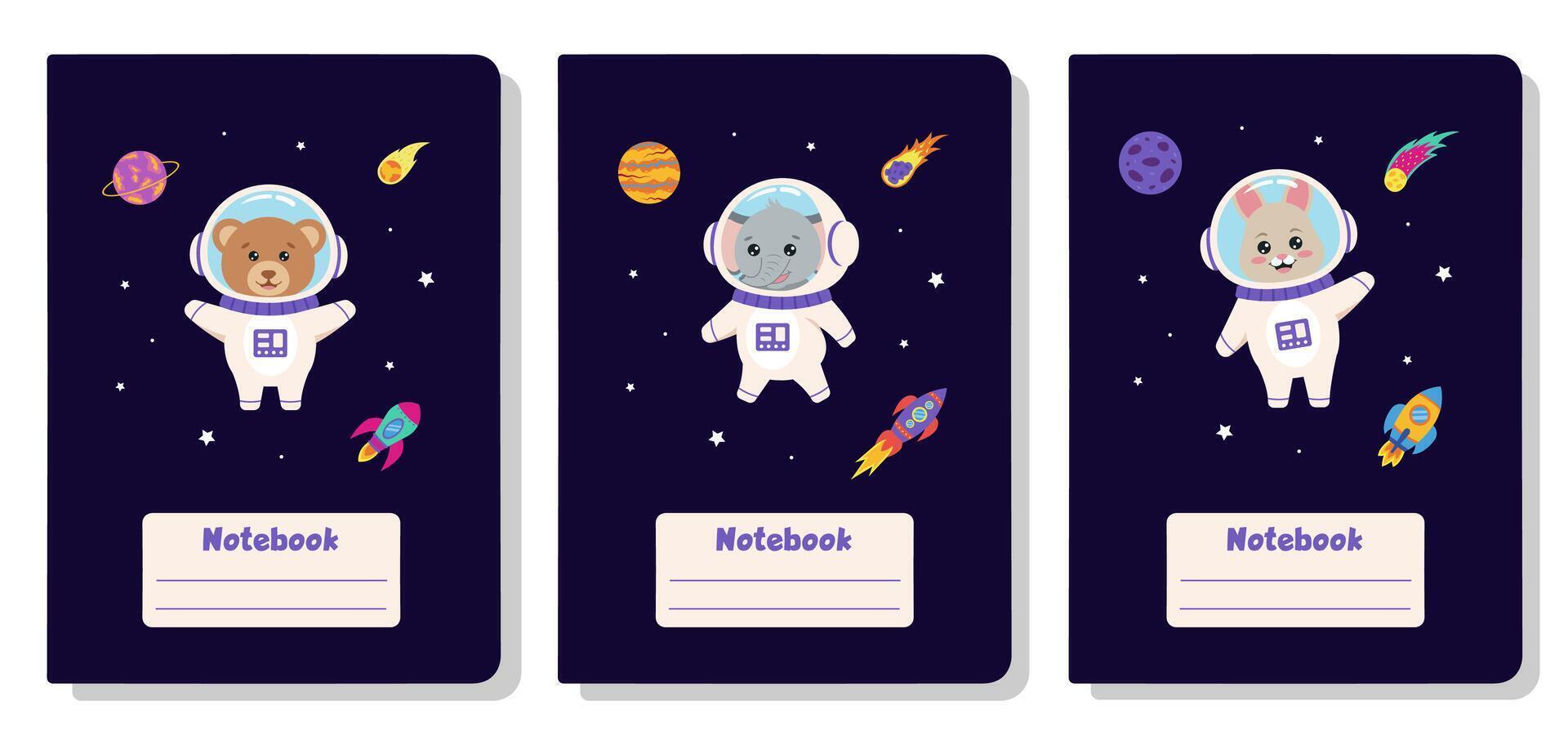 Space animals. Cover design for notebooks with space elements and animal astronaut bear, bunny, elephant. vector