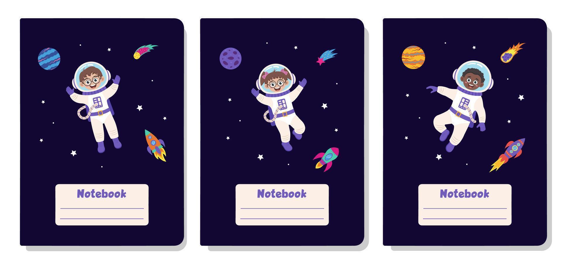Space cover design for notebooks, brochures, books with space elements and children astronauts. vector