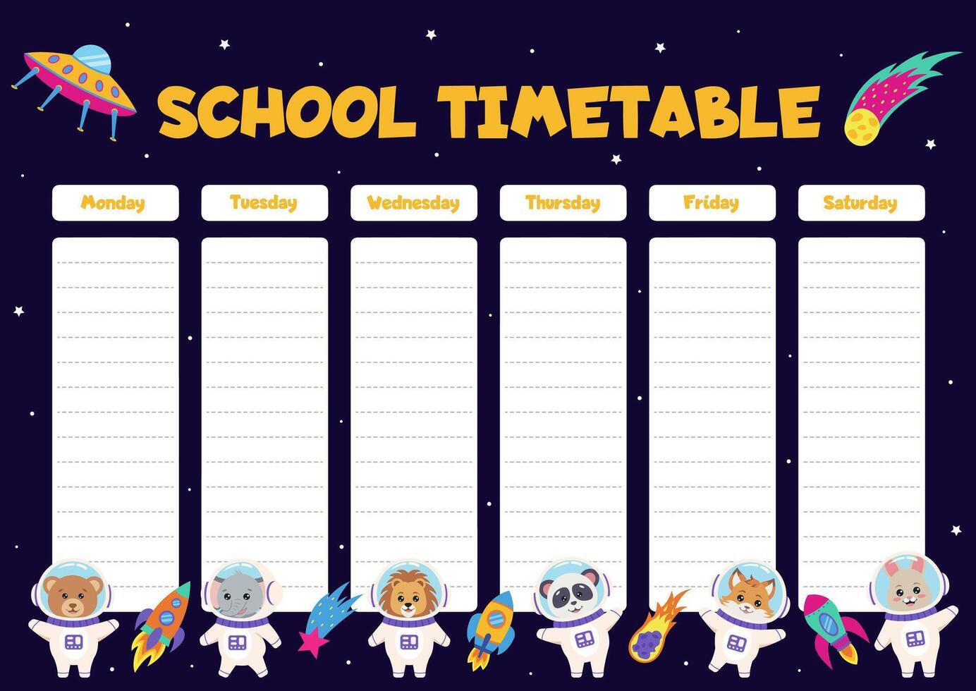 Space animals. School timetable with space elements and animals astronauts. vector