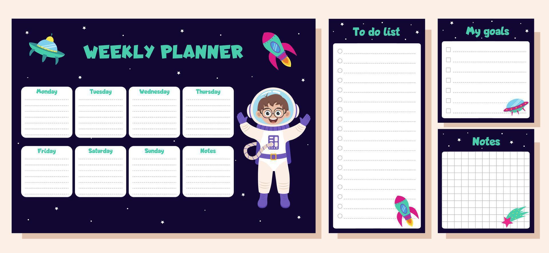 Weekly planner with space concept. Set of to do list, goals and notes with space elements and boy astronaut. vector