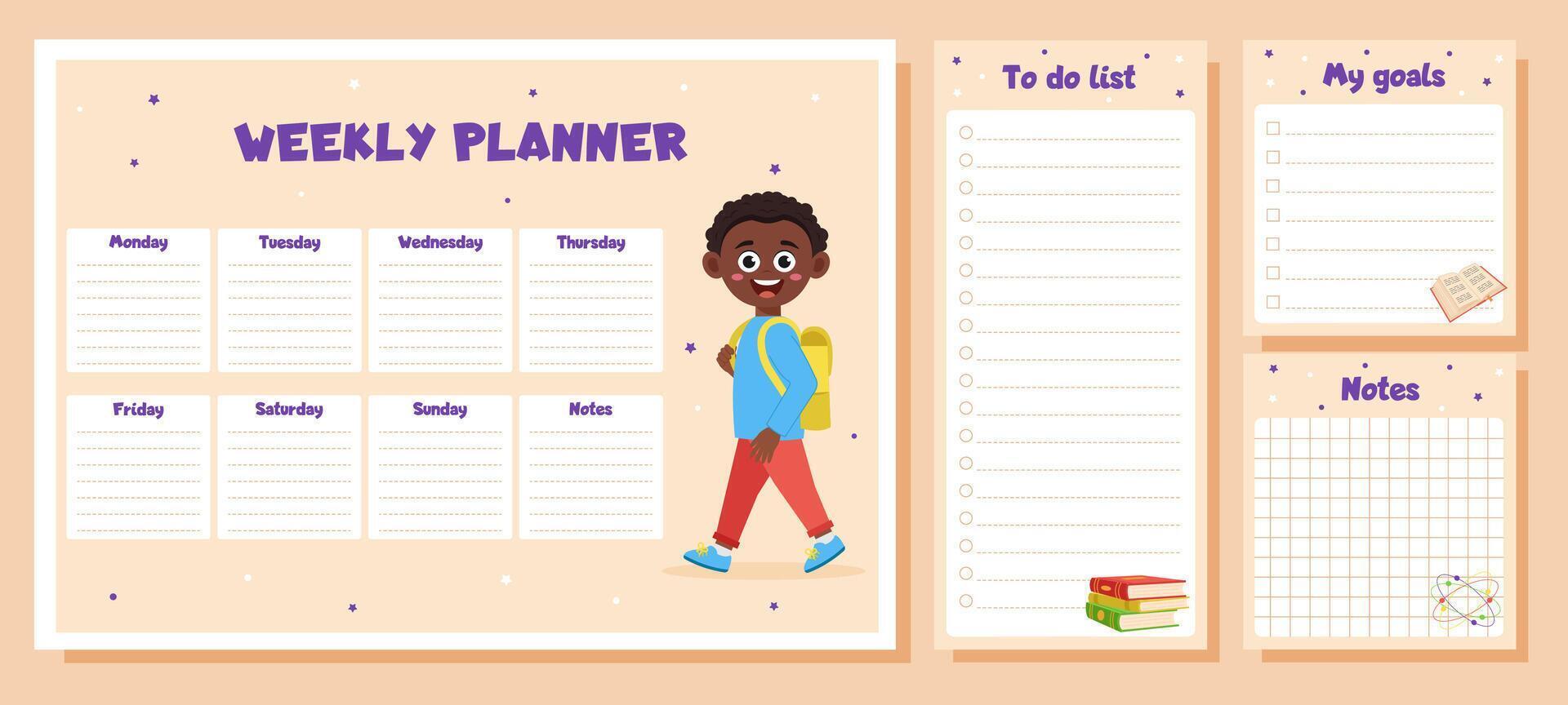 Weekly planner, to do list, notes, goals for children. School timetable, lesson schedule and organizer template with school supplies and schoolboy. vector