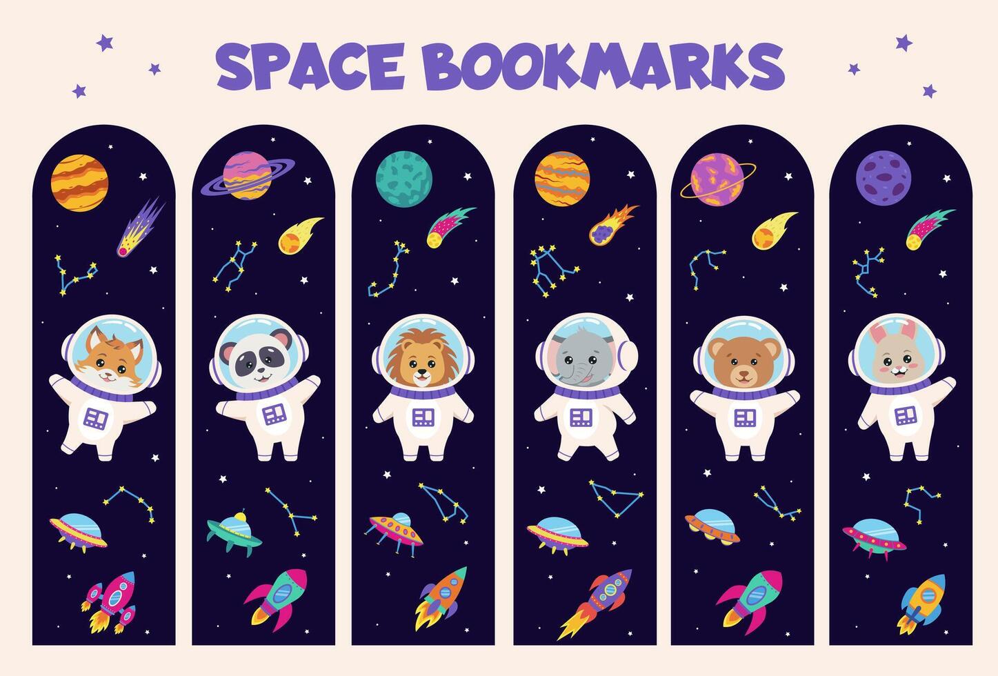 Set of space bookmarks for children. Boolmarks with space elements planets, comets, rockets, spaceship and animal astronauts bear, panda, lion, fox, rabbit, elephant. Stationery for kids. vector