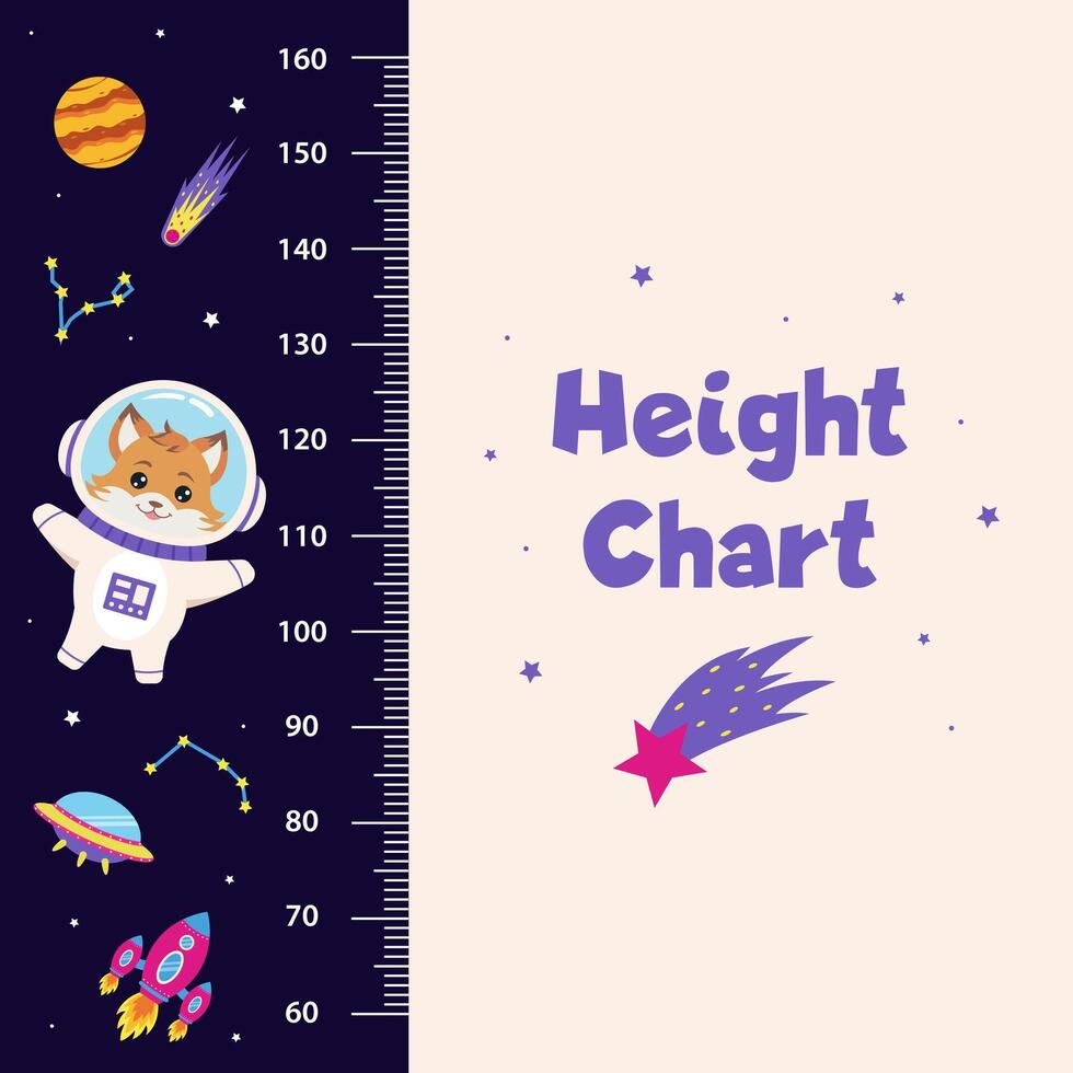 Space animal. Height chart with space elements and fox astronaut. vector