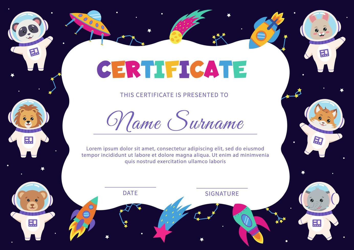 Space animals. Certificate with space elements and animals astronauts. vector