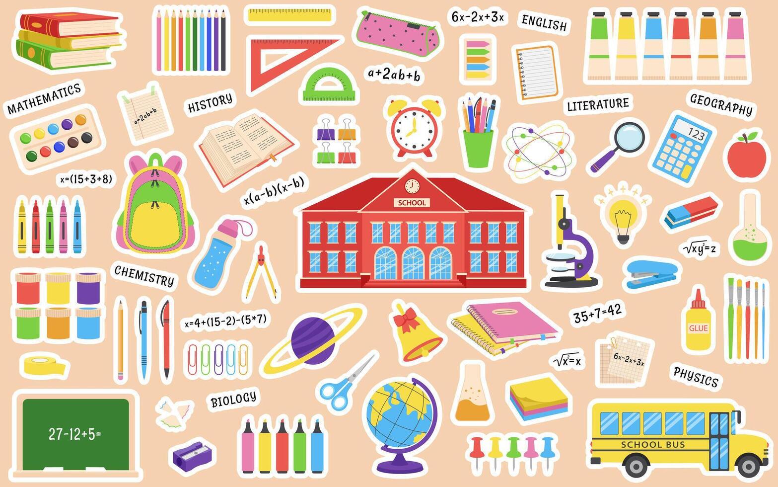 Set of school supplies stickers. Back to school. vector