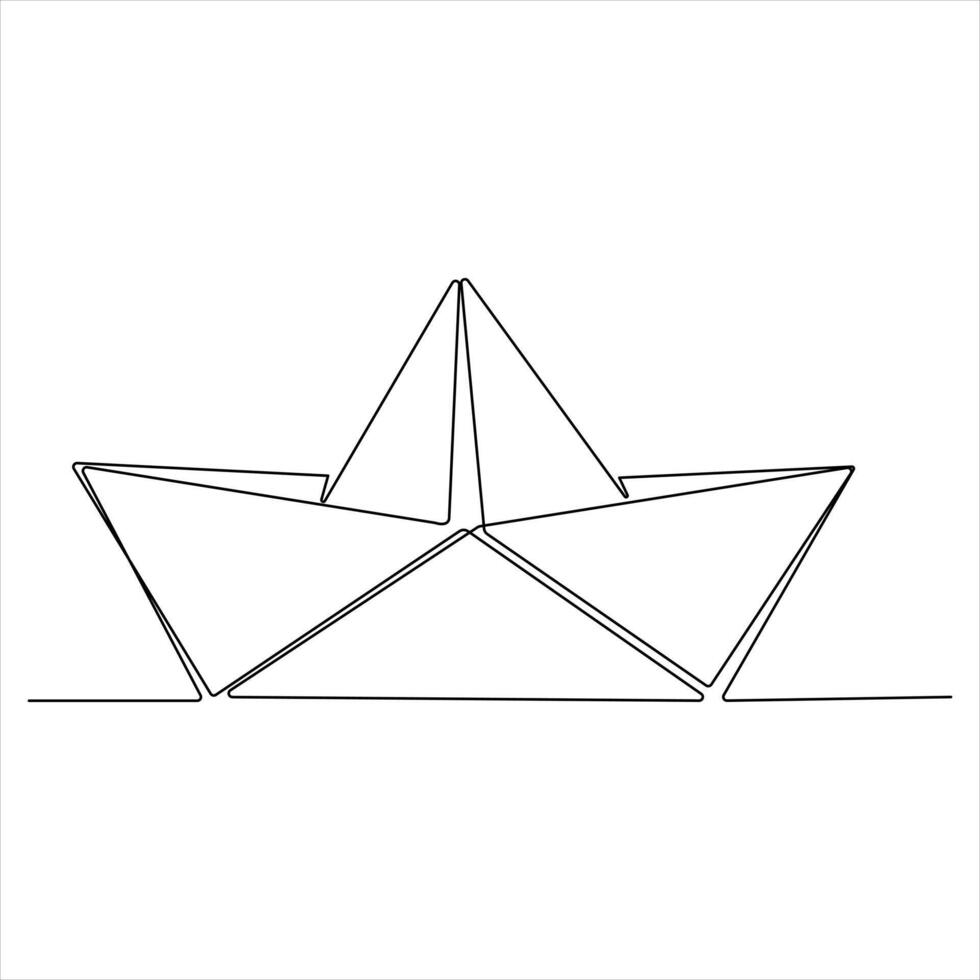 Continuous single line art drawing of paper boat sailing on the water river origami toy design sketch outline drawing illustration vector