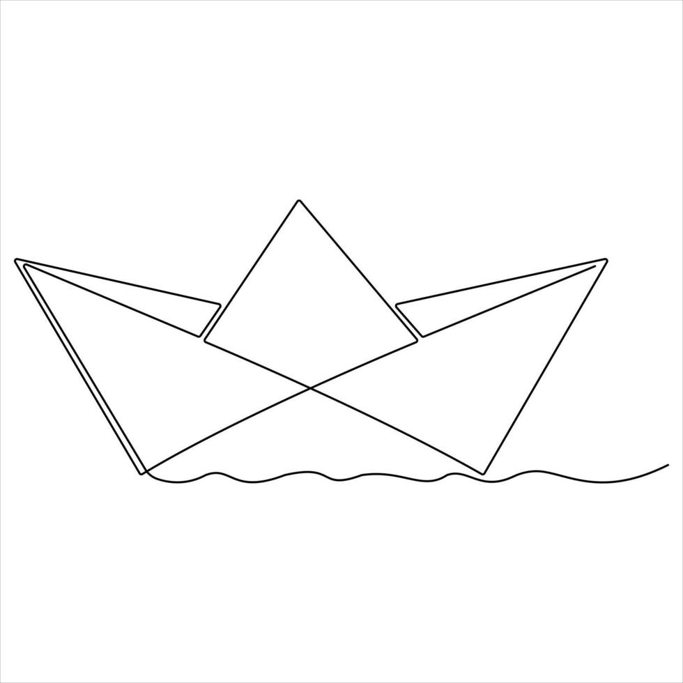 Continuous single line art drawing of paper boat sailing on the water river simple outline style illustration vector