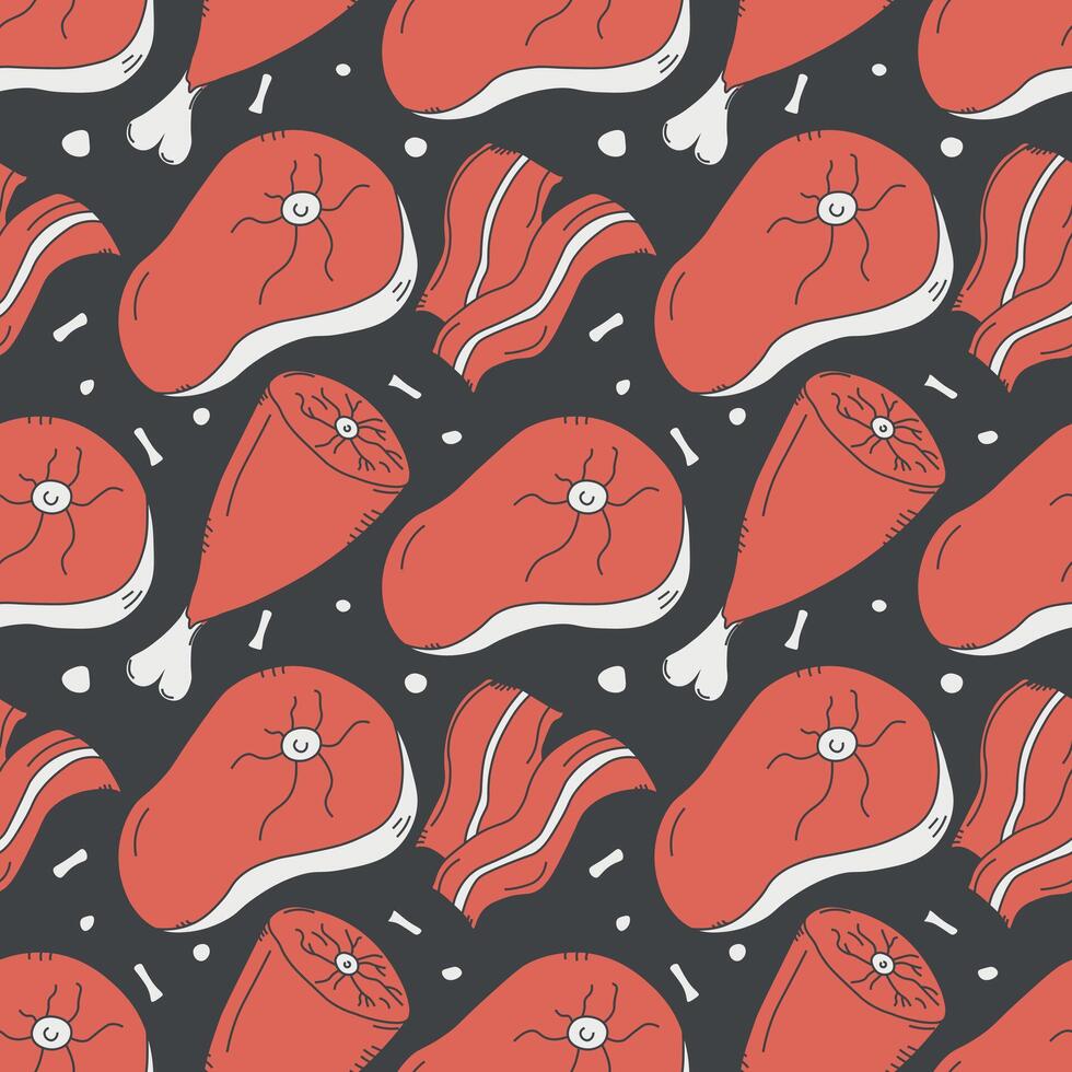 Seamless meat pattern. Doodle meat background. illustration with meat products icons vector