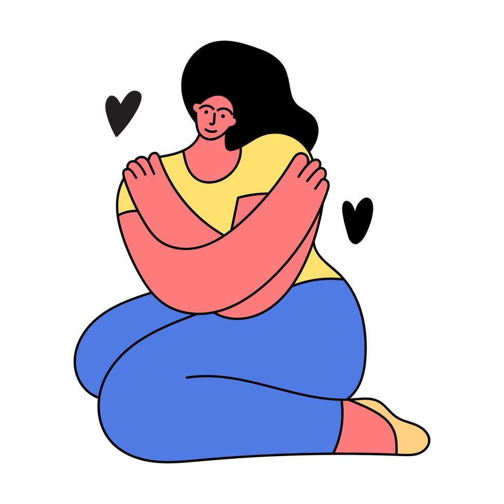 Girl sitting on the floor and hug herself. Self-care concept. Illustration on white background. vector