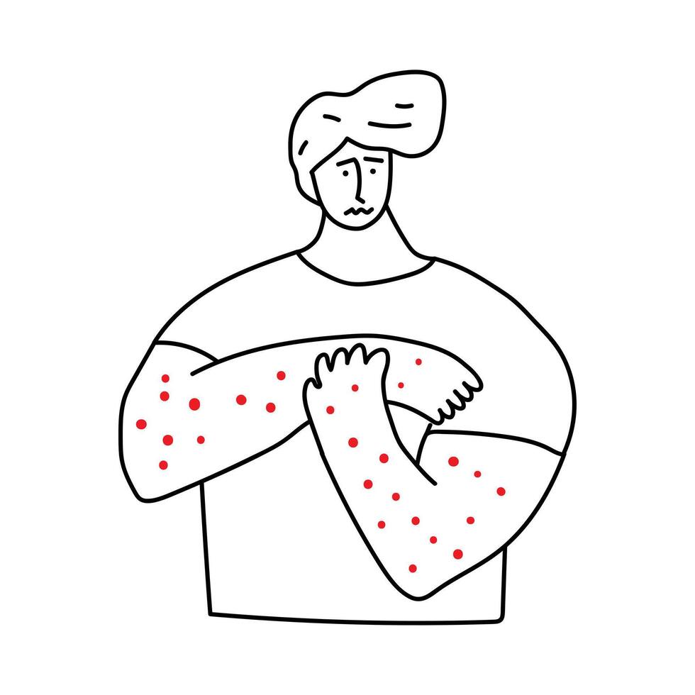Man have problem with skin. outline illustration on white background. vector