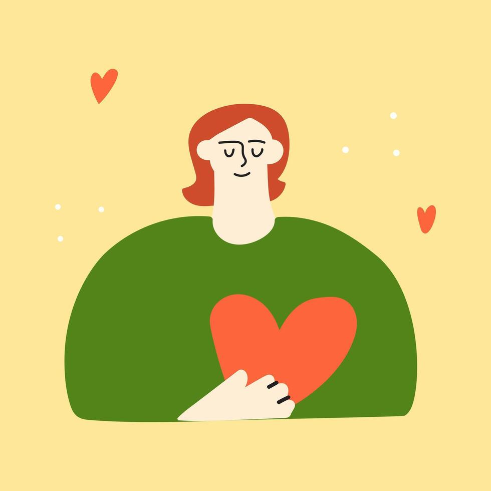 Girl holding big red heart. Illustration on yellow background. vector