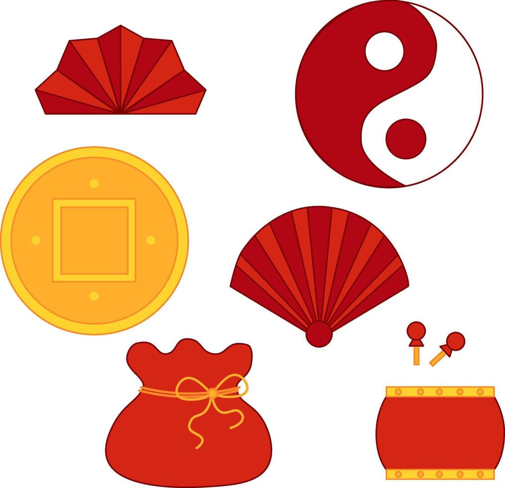 Graphic CNY elements set. red fav, bag, drum, gold coin and ying yang illustration on transparent background. New Year's Eve dinner, and festive decorations vector