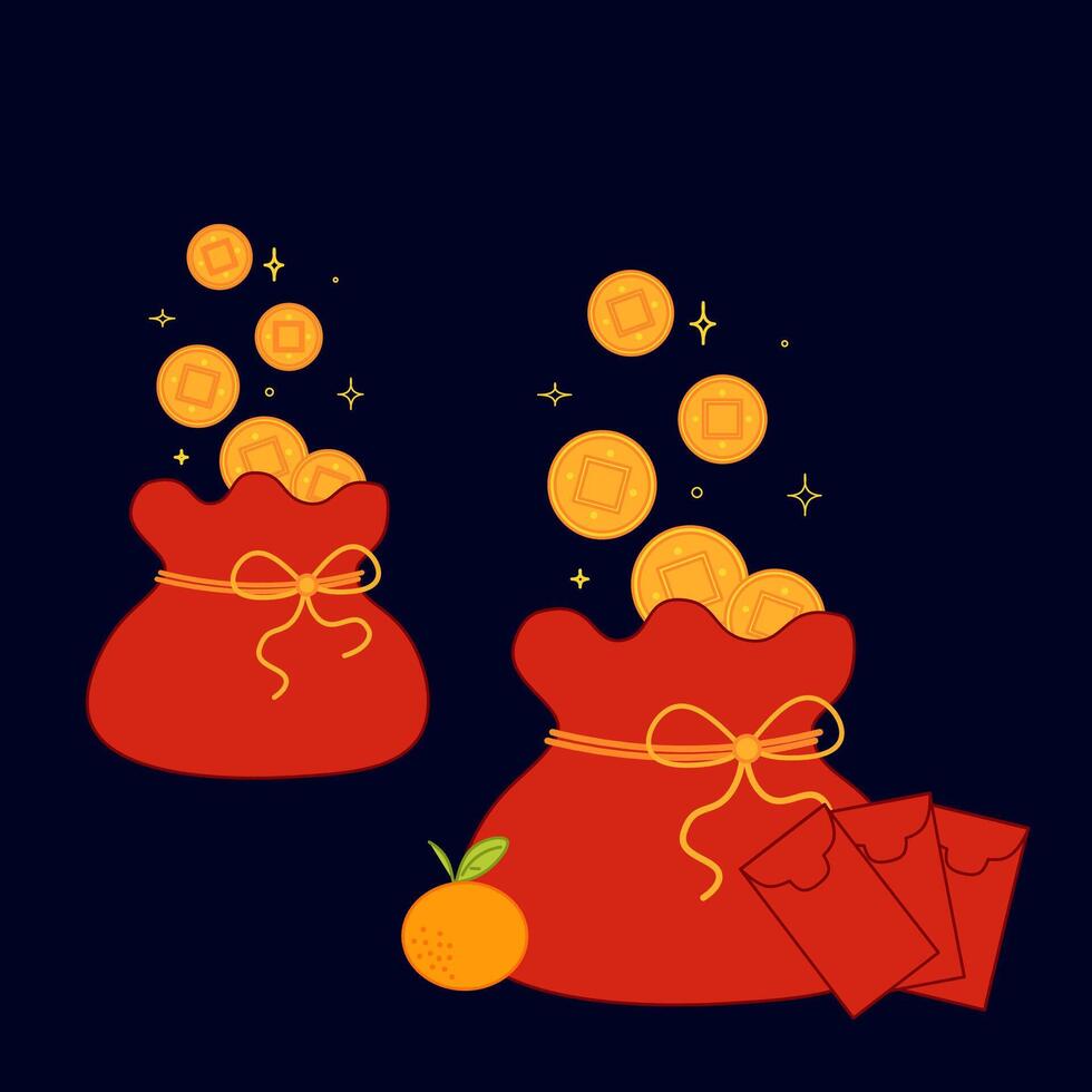 Red bag with golden coins, red envelope set of compositions on dark background. graphic illustration, Chinese New year symbol vector
