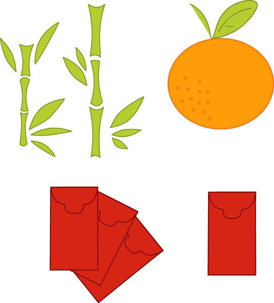 Hand drawn graphic element set of decoration in Asian traditional market, isolated on transparent background, mandarin, bamboo, red envelope. CNY vector