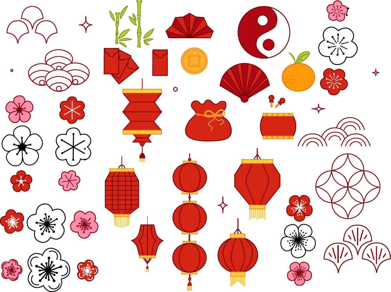 Lunar New Year illustration set. graphic illustration set of traditional elements. red lanterns, cherry blossom, mandarin, bamboo, red envelope, coin vector