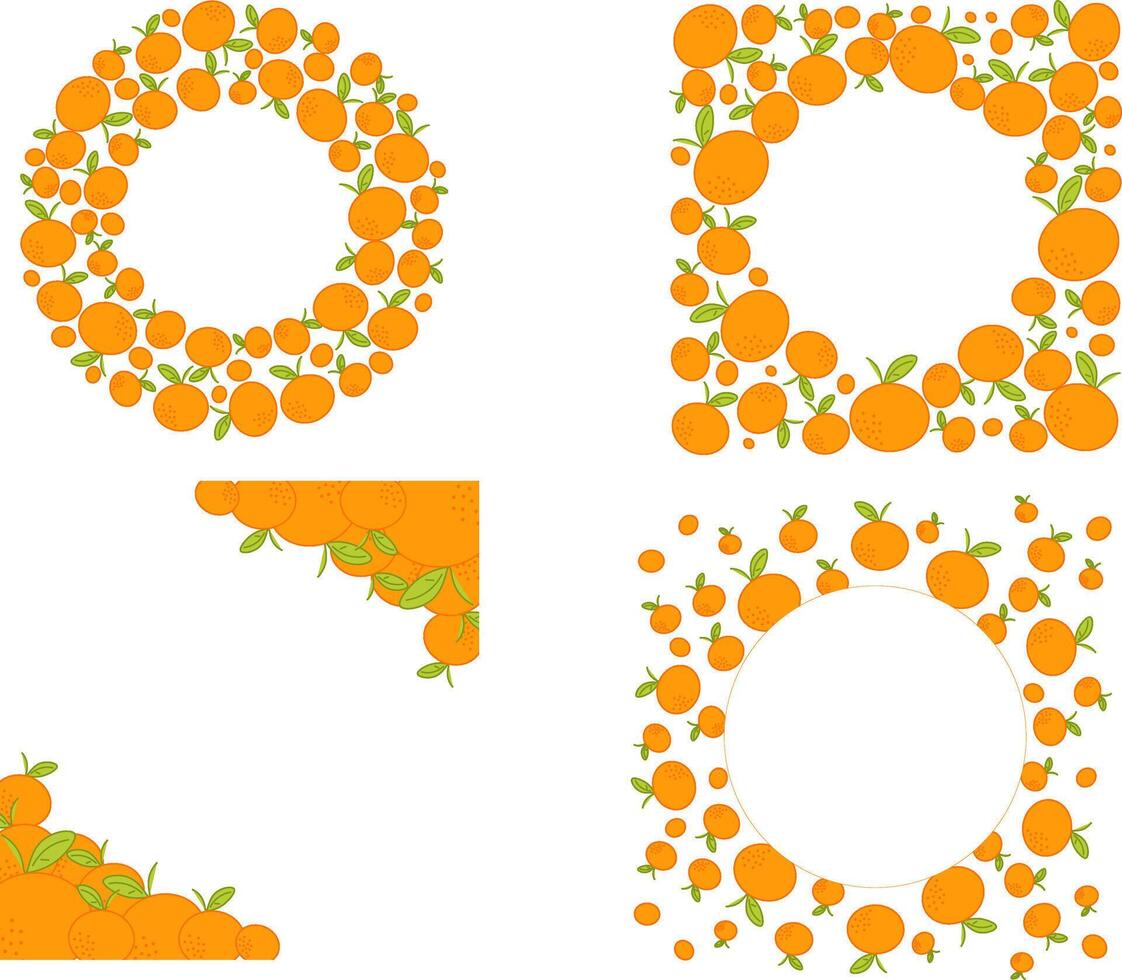 Tangerines fruits round circle frames set. graphic Fruity citrus templates collection. Juicy orange on branches, frames for brochures, flyers, advertising, graphics vector