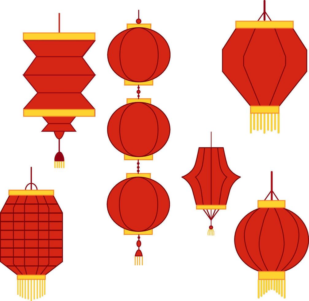 Collection of Chinese red Lanterns graphic set. Chinese New Year, Mid Autumn Festival background, banner and greeting card. Flat minimalist geometric design. illustration vector