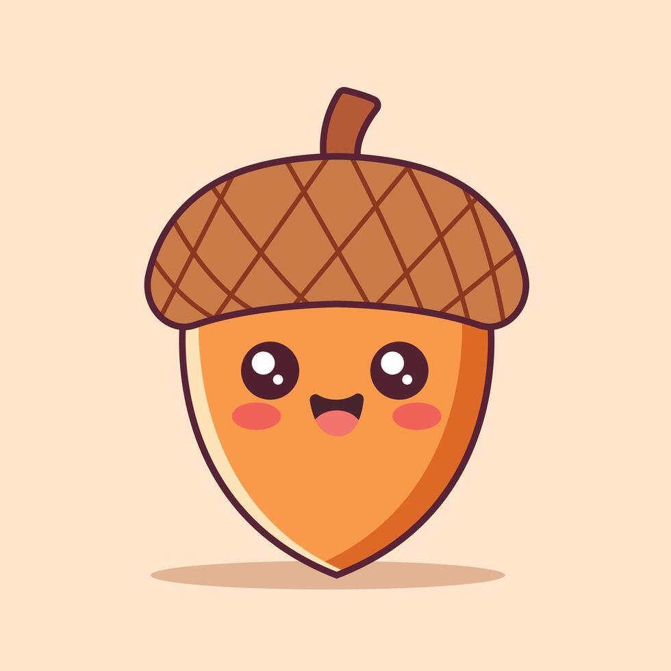 Happy Cute Acorn Kawaii Character Illustration. Happy Autumn. Autumn Icon Illustration. Flat Cartoon Style vector