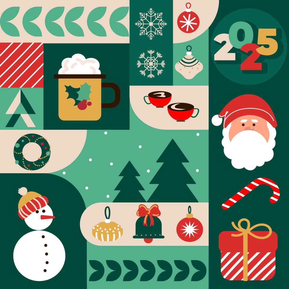 Christmas festive modern geometric pattern background in Minimalistic style. Xmas icons elements with geometric seamless pattern for holiday design packaging, wallpaper, banner, social media. vector