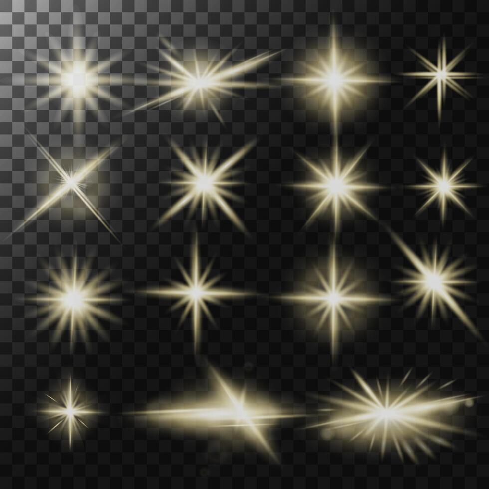 Bright flashes of light, glowing stars overlay effect for banners and designs set on a transparent background.Transparent shining stars of different shapes with rays . glowing light explodes vector