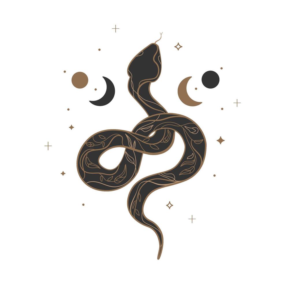 Magic celestial snake with floral pattern moon and stars hand drawn line art style. Floral magic Snake with half moon Logo, print, tattoo Boho design. Mystical witchy symbol. illustration vector