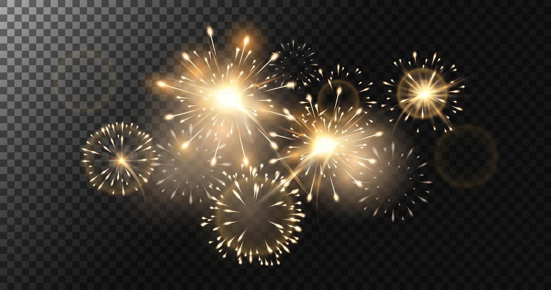 Festive Fireworks Salute Burst horizontal banner. Holiday realistic Fireworks set. Golden sparkling fireworks, design of festive creative banner, poster and festive flyer.Realistic illustration vector