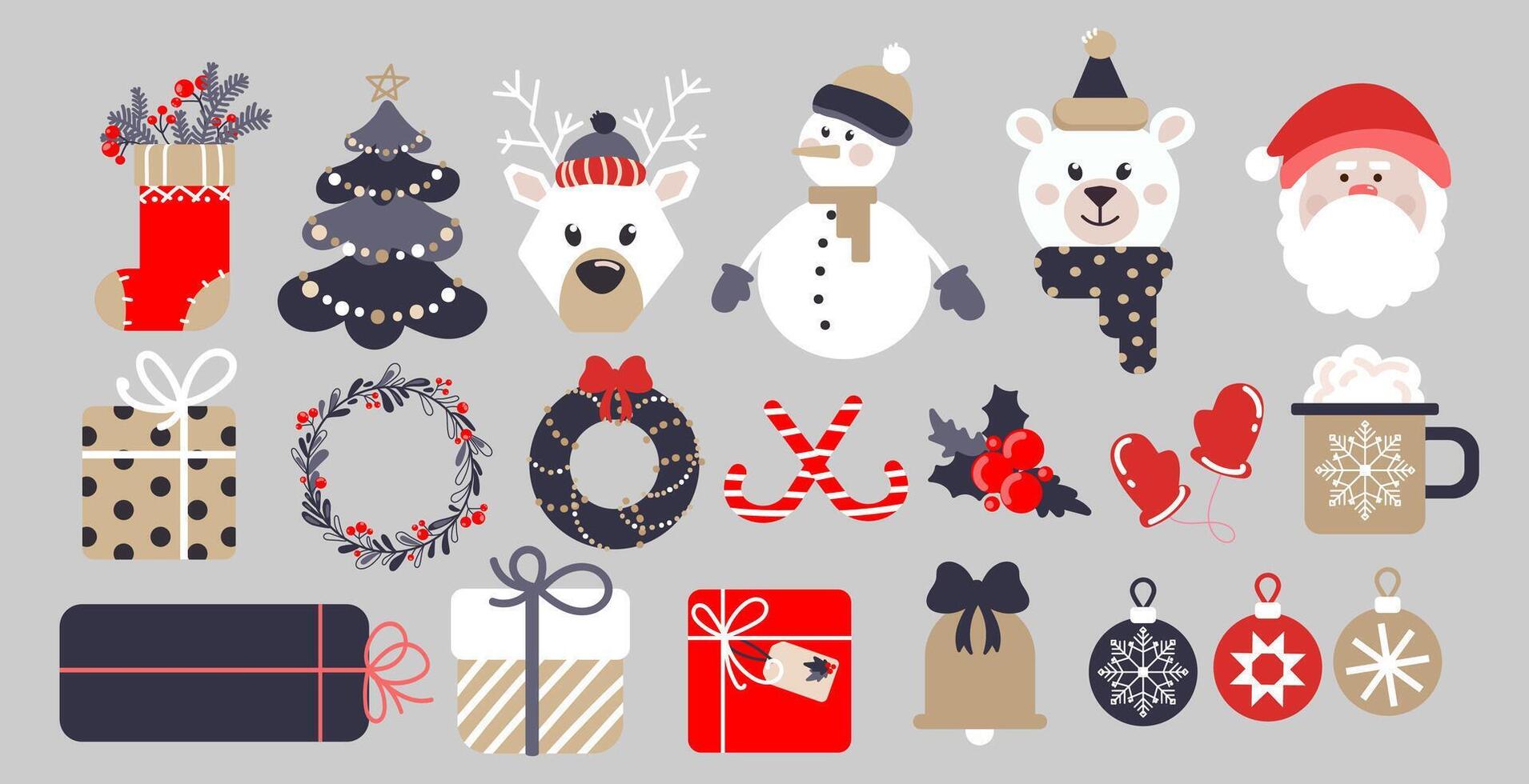 Christmas festive elements set.Xmas and New Year decor minimalist shapes with gifts,winter animals, tree, decorations, cozy elements for design.Winter Christmas icons elements for festive mood. vector