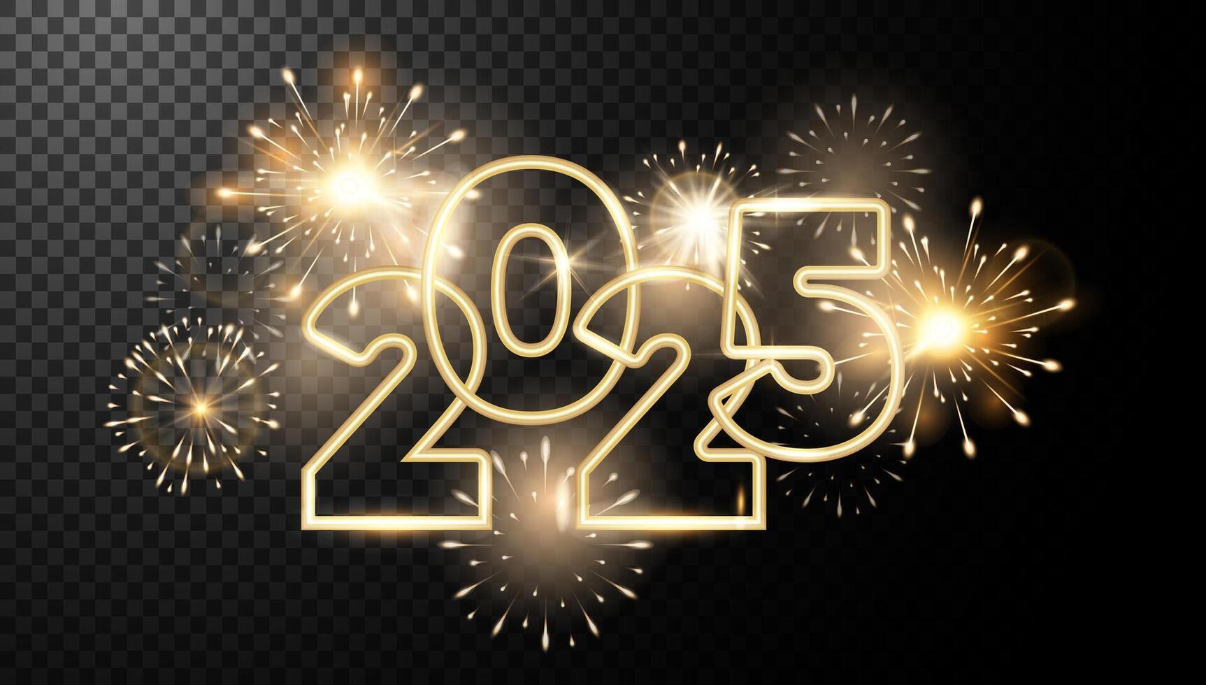 New Year golden fireworks and golden numbers 2025 luxury background. Celebration New Year's Eve element for holiday design. Happy New Year Banner with Golden numbers date 2025 and fireworks . vector