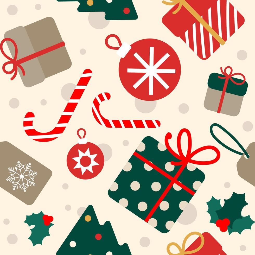 Christmas festive seamless pattern in simple flat style and traditional colors. Christmas and New Year seamless background for wrapping paper, wallpaper, print, textile, packaging design. vector