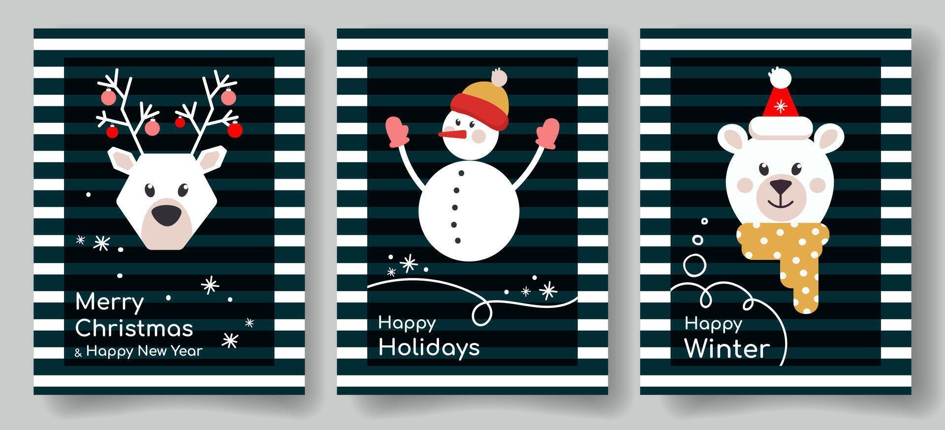 Holiday winter covers, posters or greeting cards set with winter animals, deer, bear, snowman on a dark blue striped background. Children's winter posters, postcards, cards, Holiday invitation. vector